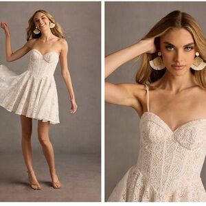 Azazie Cream Strapless Lace Dress